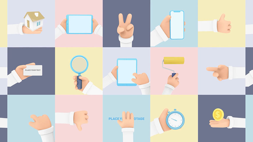 PR手势模板 卡通风格3D手势动画PR模板MOGRT