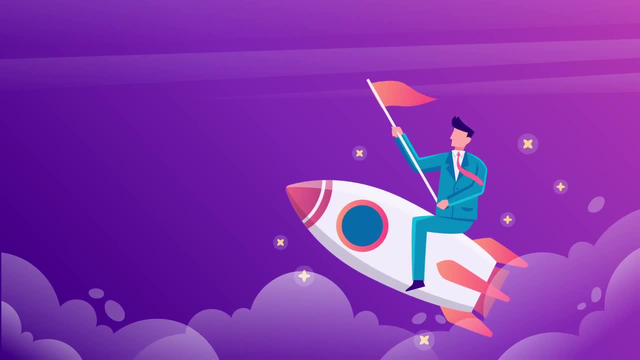 企业视频素材,男人乘着火箭加油穿梭在云层之间动画素材