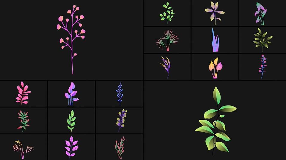 漂亮的动态彩色花朵树叶草丛视频剪辑素材